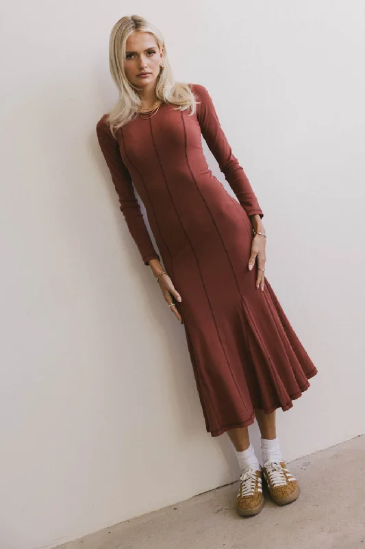 Fiona Ribbed Godet Dress in Rust