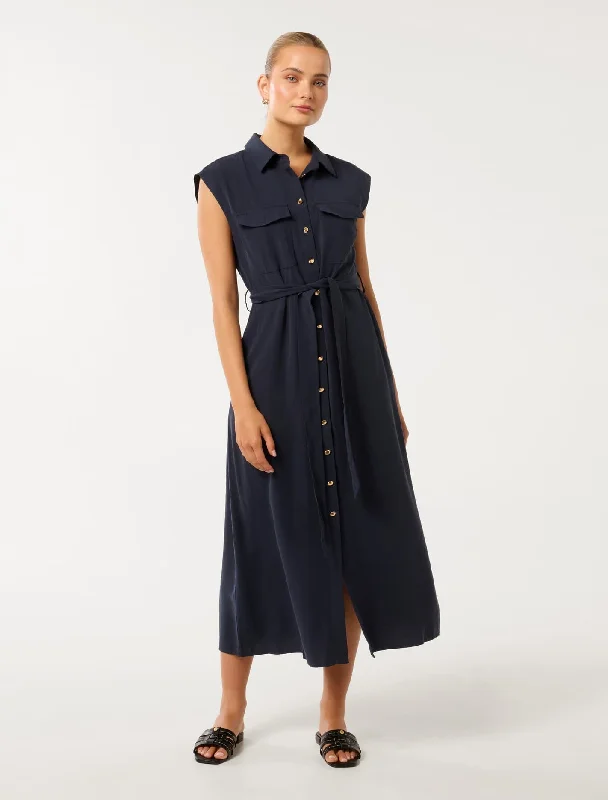 Mikayla Tie Belt Button Up Midi Dress