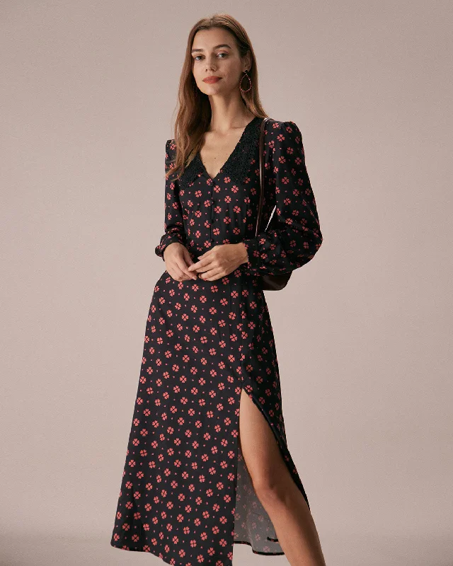 The Black Four-leaf Clover Print Midi Dress