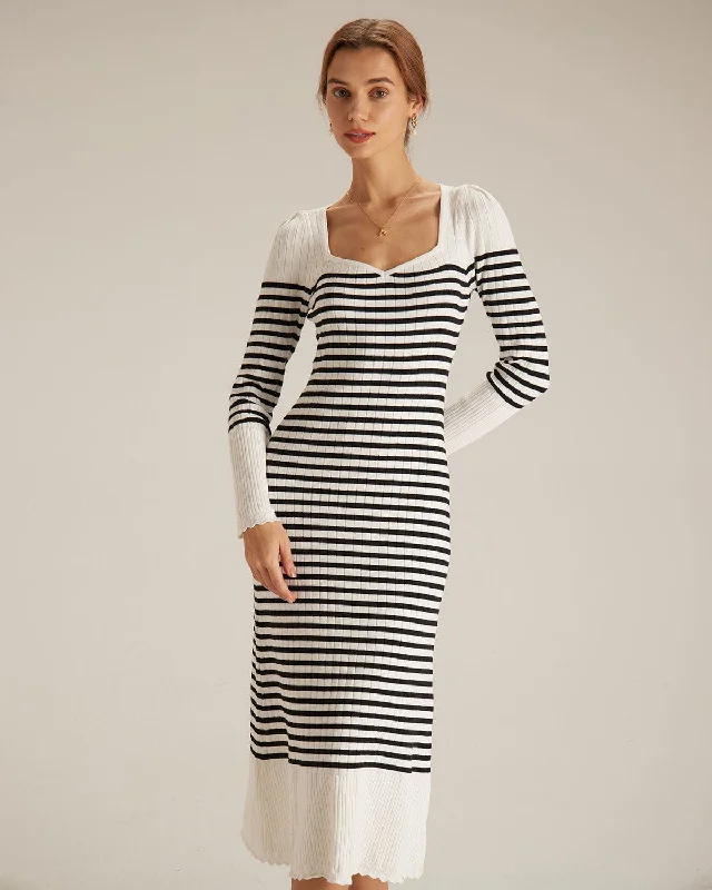 The Black Sweetheart Neck Striped Midi Dress