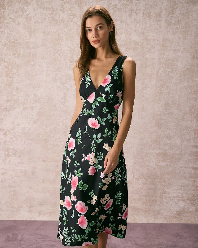 The Black V Neck Tie Back Floral Midi Dress