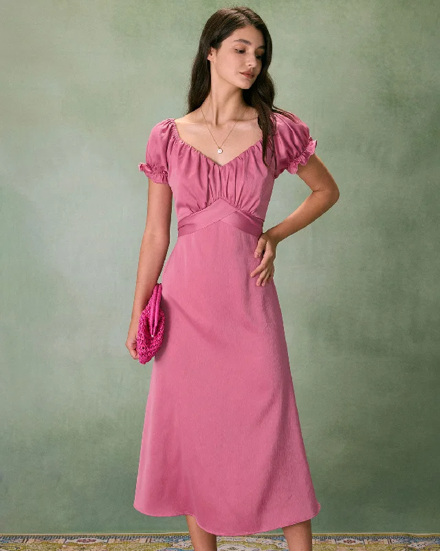 The Pink Sweetheart Neck Ruched Satin Midi Dress