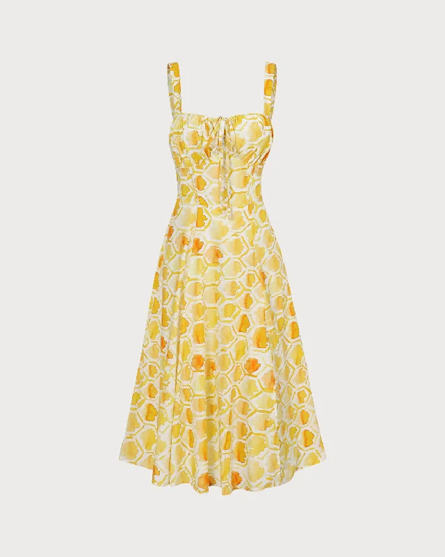 The Yellow Square Neck Floral Cotton Midi Dress