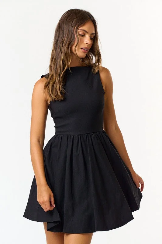 Davina Sleeveless Boatneck Bubble Mini Dress Black