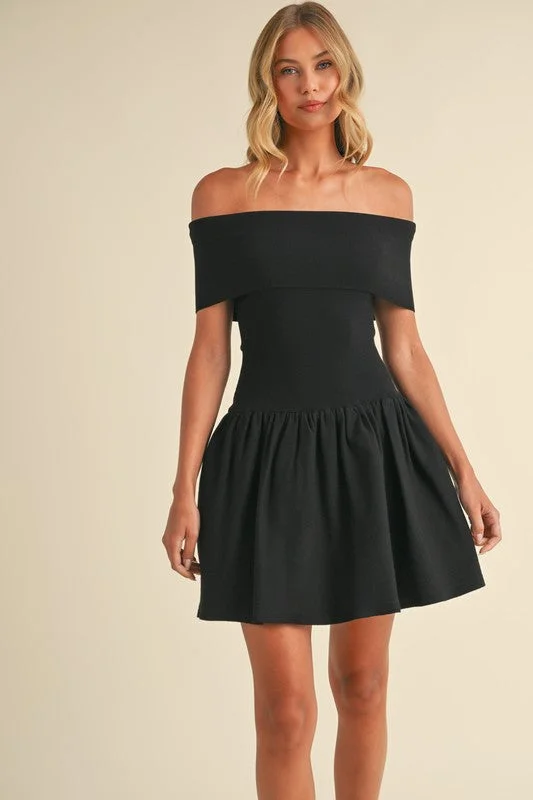 Gracie Off The Shoulder Drop Waist Mini Dress Black