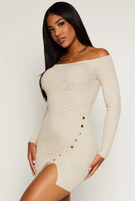 Ribbed Faux Button Detail Asymmetrical Dress