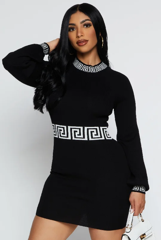 Greek Key Trim Mini Sweater Dress