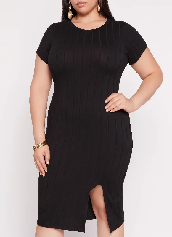 Plus Size Ribbed Knit Side Slit T Shirt Dress