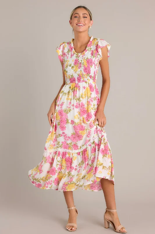 Bloom Burst White Multi Floral Midi Dress