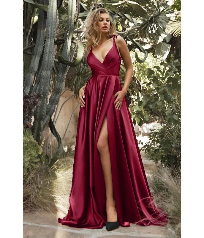 Cinderella Divine  Burgundy Flowy Satin A-Line Bridesmaid Gown