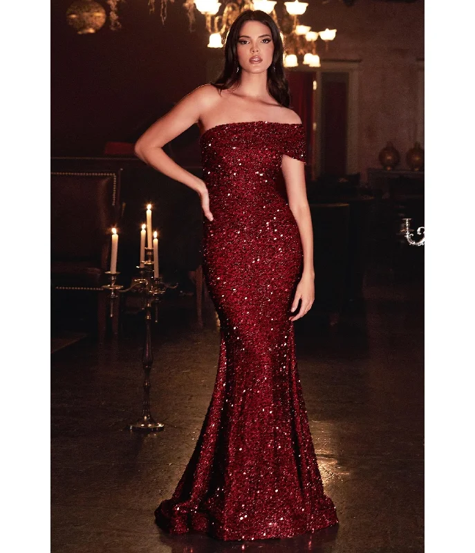 Cinderella Divine  Burgundy Sequin One Shoulder Mermaid Prom Gown