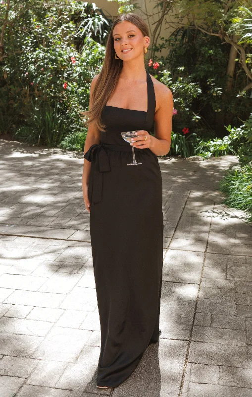 Hazel Halter Maxi Dress ~ Black Luxe Satin