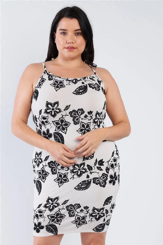 Plus Size Ivory Black Floral Basic Midi Dress