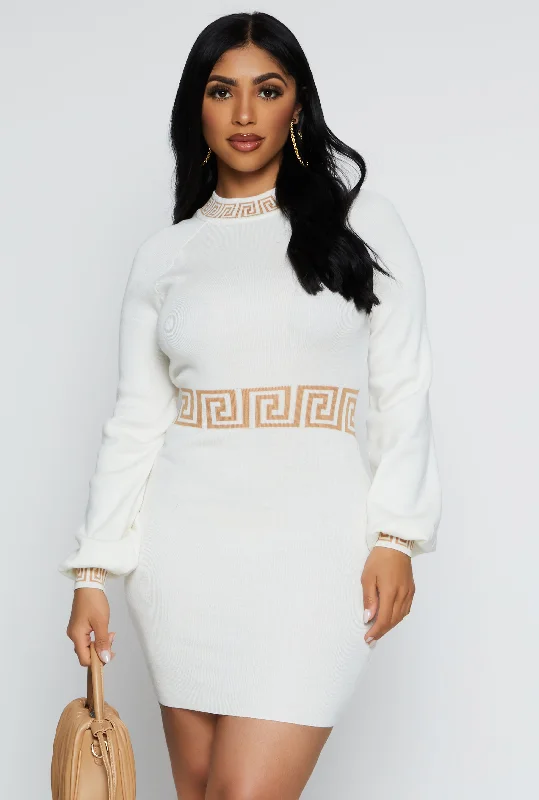 Greek Key Trim Mini Sweater Dress