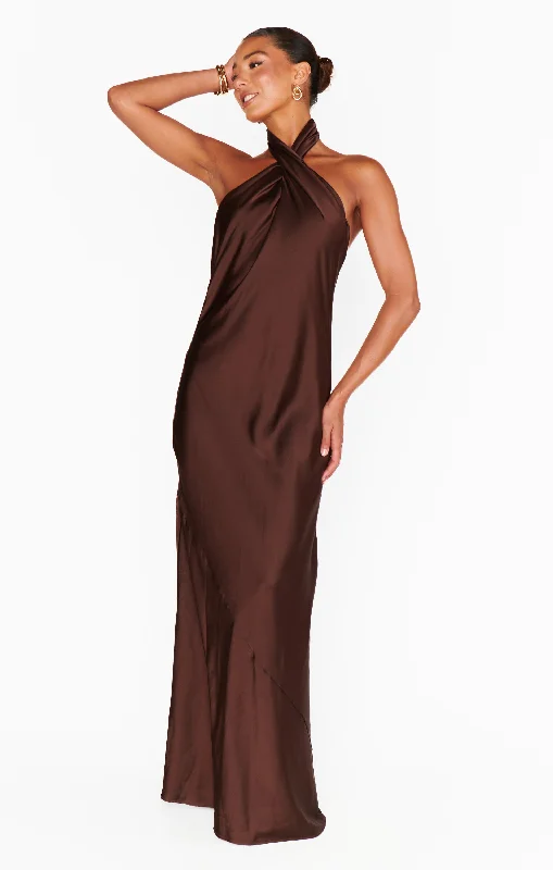 Jasmine Halter Maxi Dress ~ Chocolate Luxe Satin