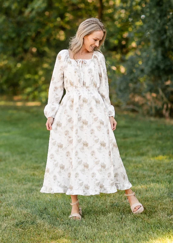 Long Sleeve Taupe Floral Square Neck Dress