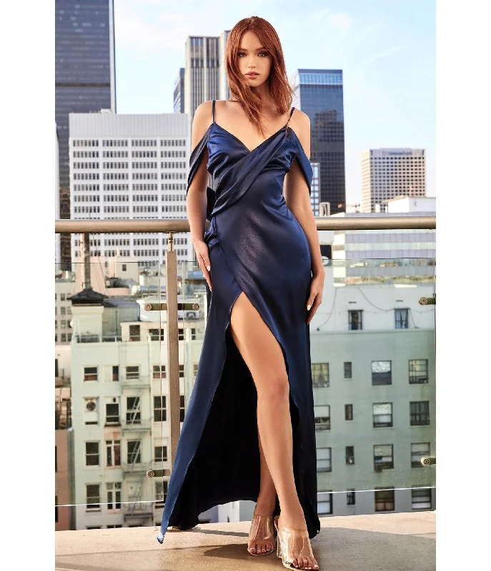 Cinderella Divine  Navy Satin Draped Cowl Back Bridesmaid Dress