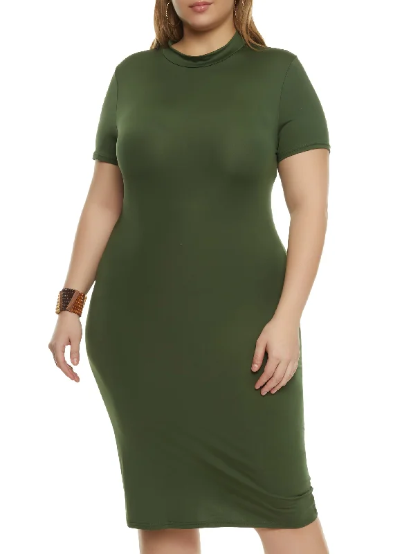 Plus Size Mock Neck Short Sleeve Midi Dress