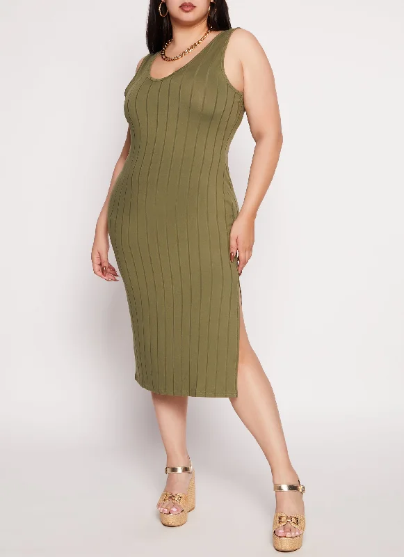 Plus Size Ribbed Knit Side Slit Tank Dress