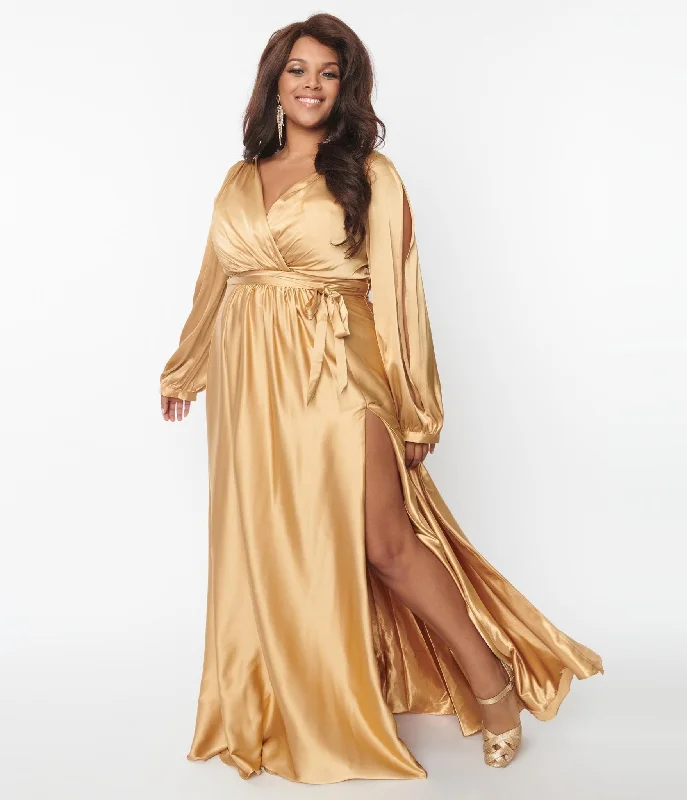 Plus Size Gold Satin Long Sleeve Goddess Gown