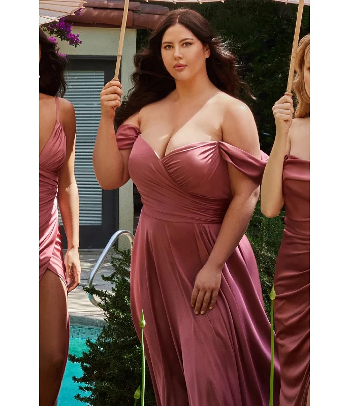 Cinderella Divine  Plus Size Mauve Satin Off The Shoulder Bridesmaid Gown