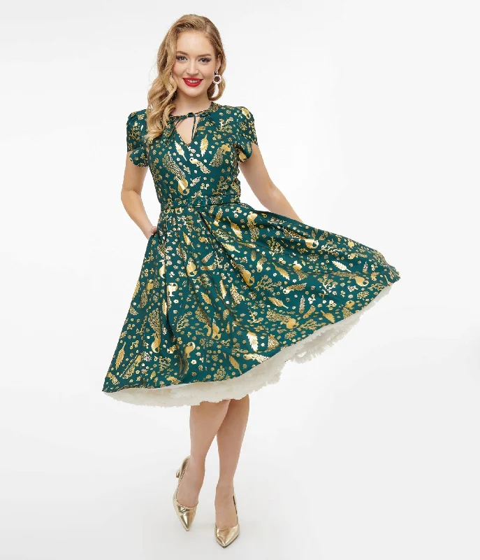 Unique Vintage 1940s Green & Gold Peacock Print Dahlia Swing Dress