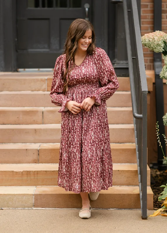 Printed Lace V-neck Long Sleeve Maxi Dress