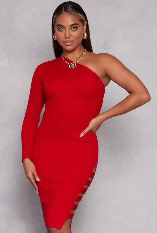 Ribbed One Shoulder Caged Side Detail Midi Dress