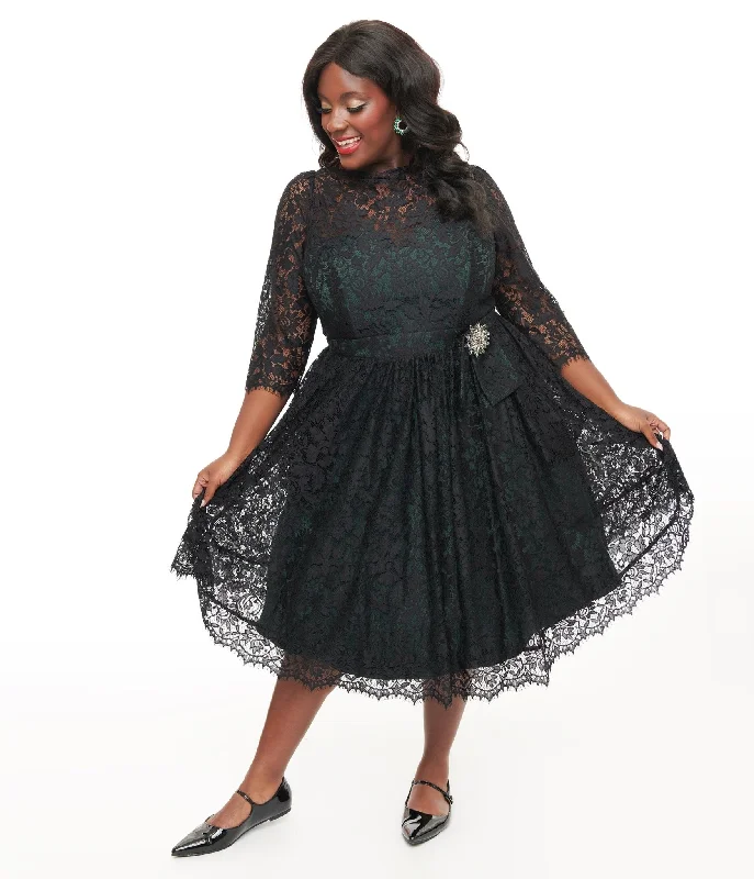 Unique Vintage Plus Size 1940s Black Lace Swing Dress