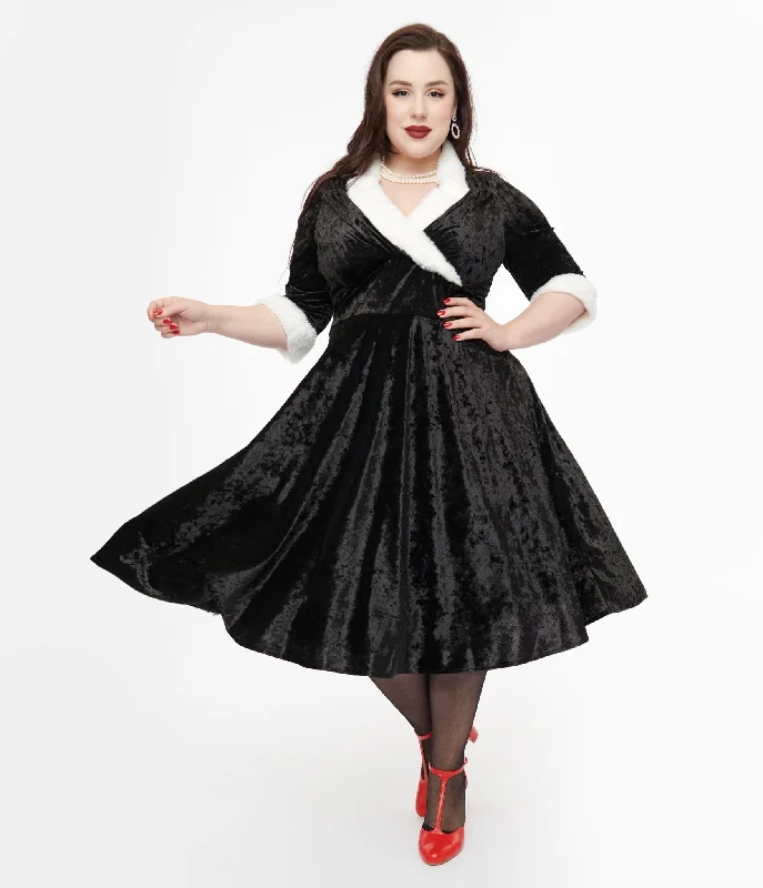 Unique Vintage Plus Size 1950s Black Crushed Velvet & White Fur Delores Swing Dress