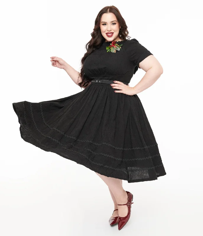 Unique Vintage Plus Size 1950s Black Holiday Floral Pin Cotton Swing Dress