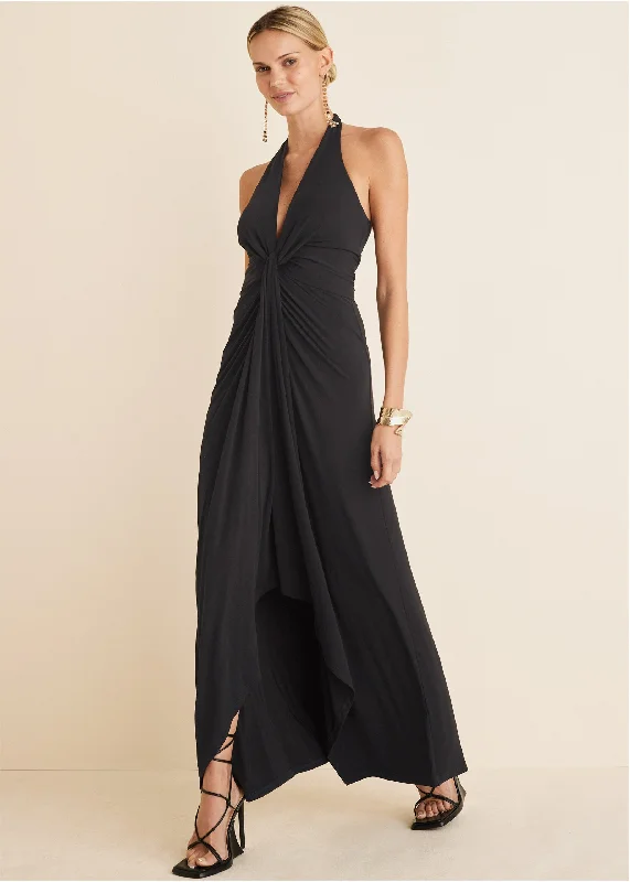 Plunging Knot Maxi Dress - Black