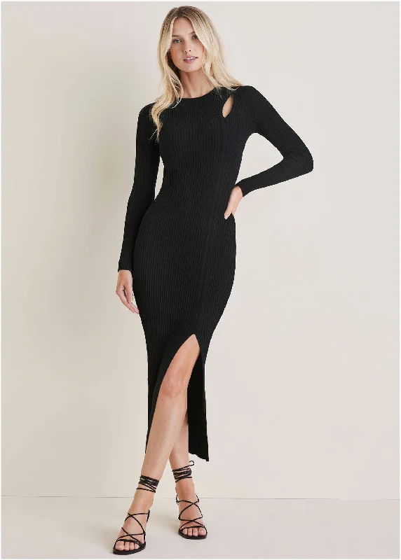 Ribbed Maxi Sweater Dress - Black