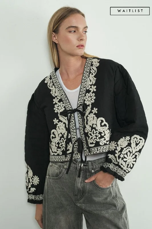 Waitlist 11/18 ♥ Lori Long Sleeve Floral Embroidered Front Tie Quilted Shacket Black