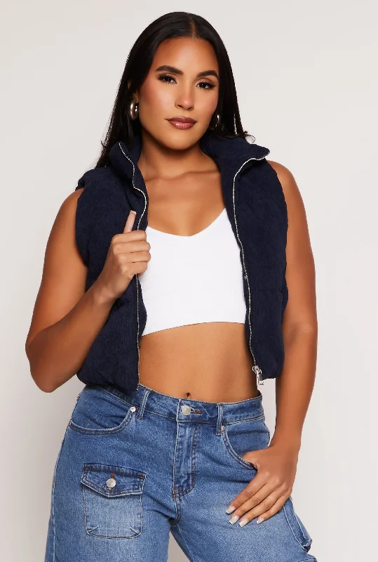 Corduroy Zip Front Cropped Puffer Vest