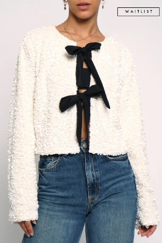 Veda Long Sleeve Sequined Bow Tie Jacket Cream