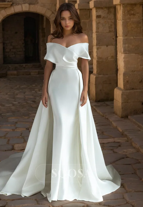 Sheath Off Shoulder Satin Simple Wedding Dress with Train