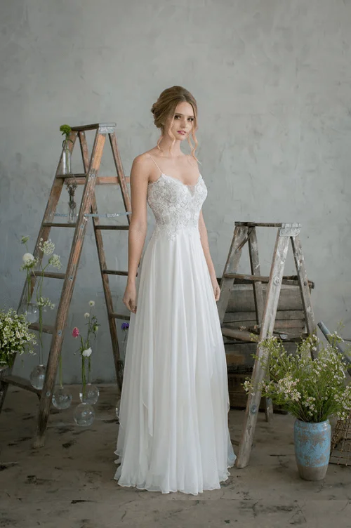 Silk Chiffon - Spaghetti Strap Hand-Beaded Sheath Wedding Dress, Ivory