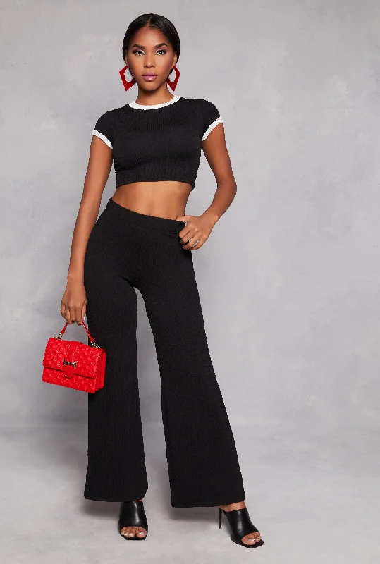 High Waist Ribbed Knit Wide Leg Pants