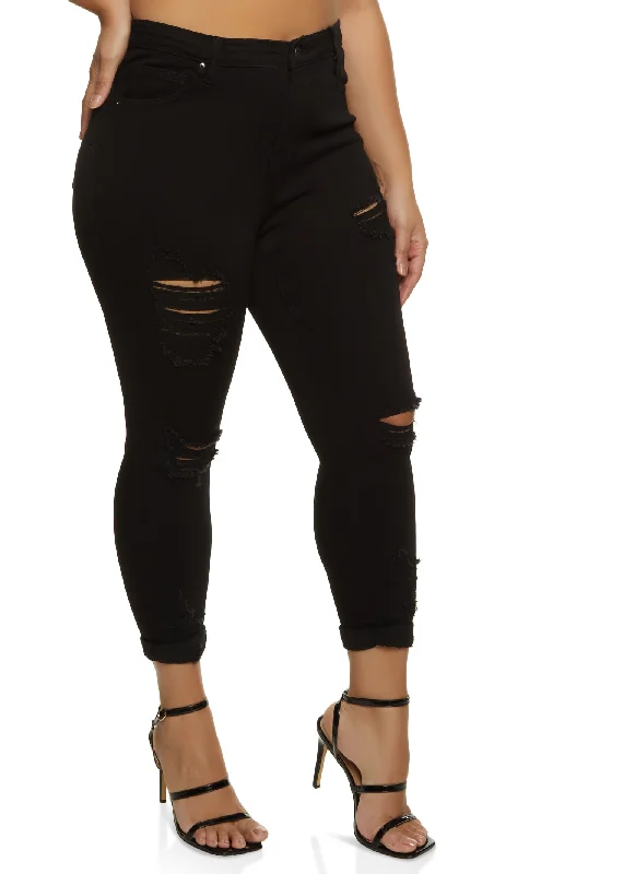 Plus Size WAX Distressed Rolled Cuff Jeans