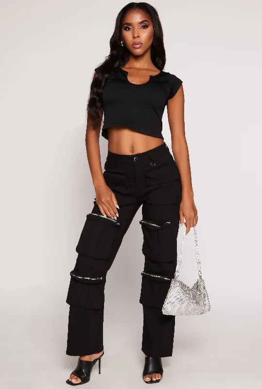 Stretch High Waisted Wide Leg Cargo Pants