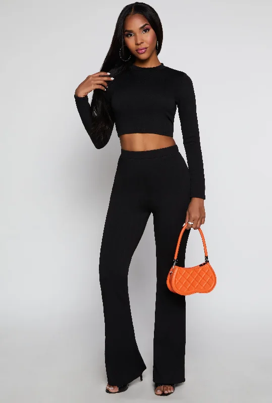 Textured Knit High Waist Flare Pants