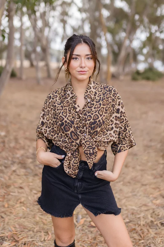 Clara Short Sleeve Button Down Leopard Print Top Brown