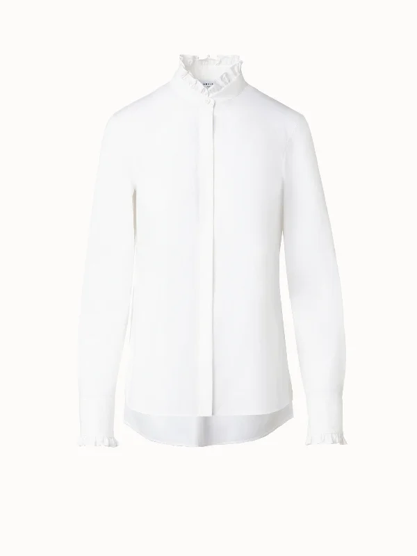 Cotton Poplin Blouse with Stand-Up Ruffle Collar