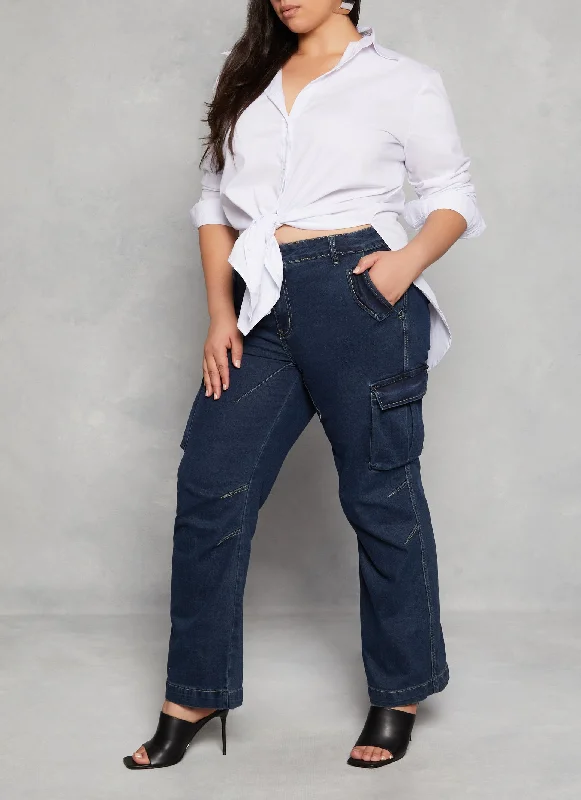 Plus Size VIP Dark Wash Wide Leg Cargo Jeans