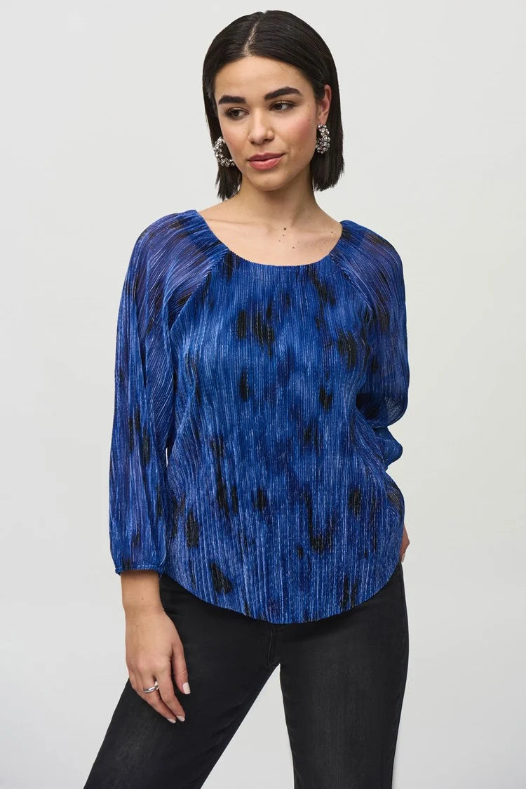 Joseph Ribkoff Pleated Knit Abstract Print Flared Top - 244105