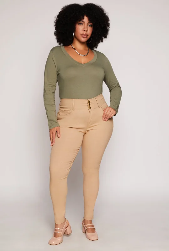 Plus Size Stretch Triple Button Skinny Leg Pants