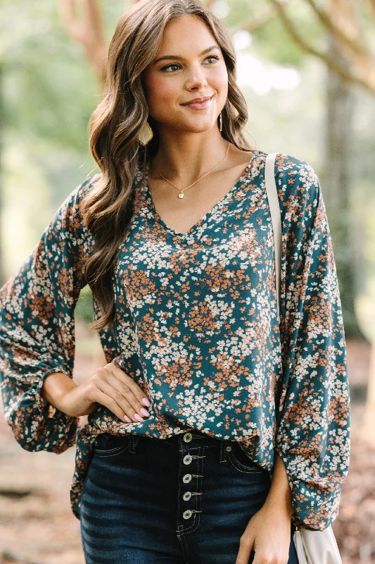 Let's Be Clear Teal Blue Ditsy Floral Bubble Sleeve Blouse