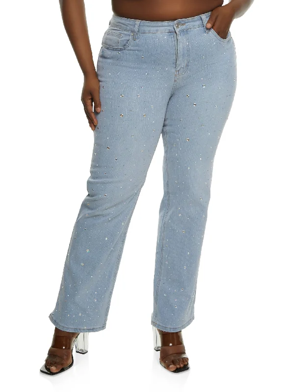 Plus Size Rhinestone High Waist Straight Leg Jeans