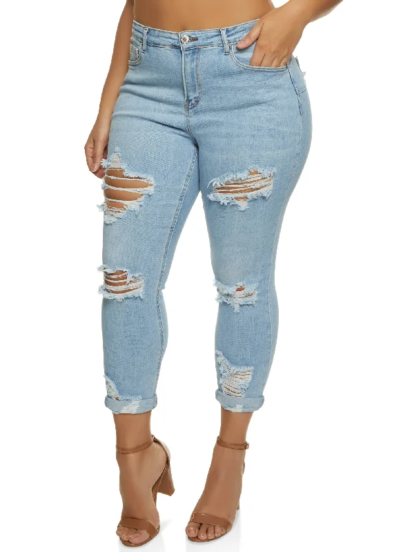 Plus Size WAX Distressed Rolled Cuff Jeans